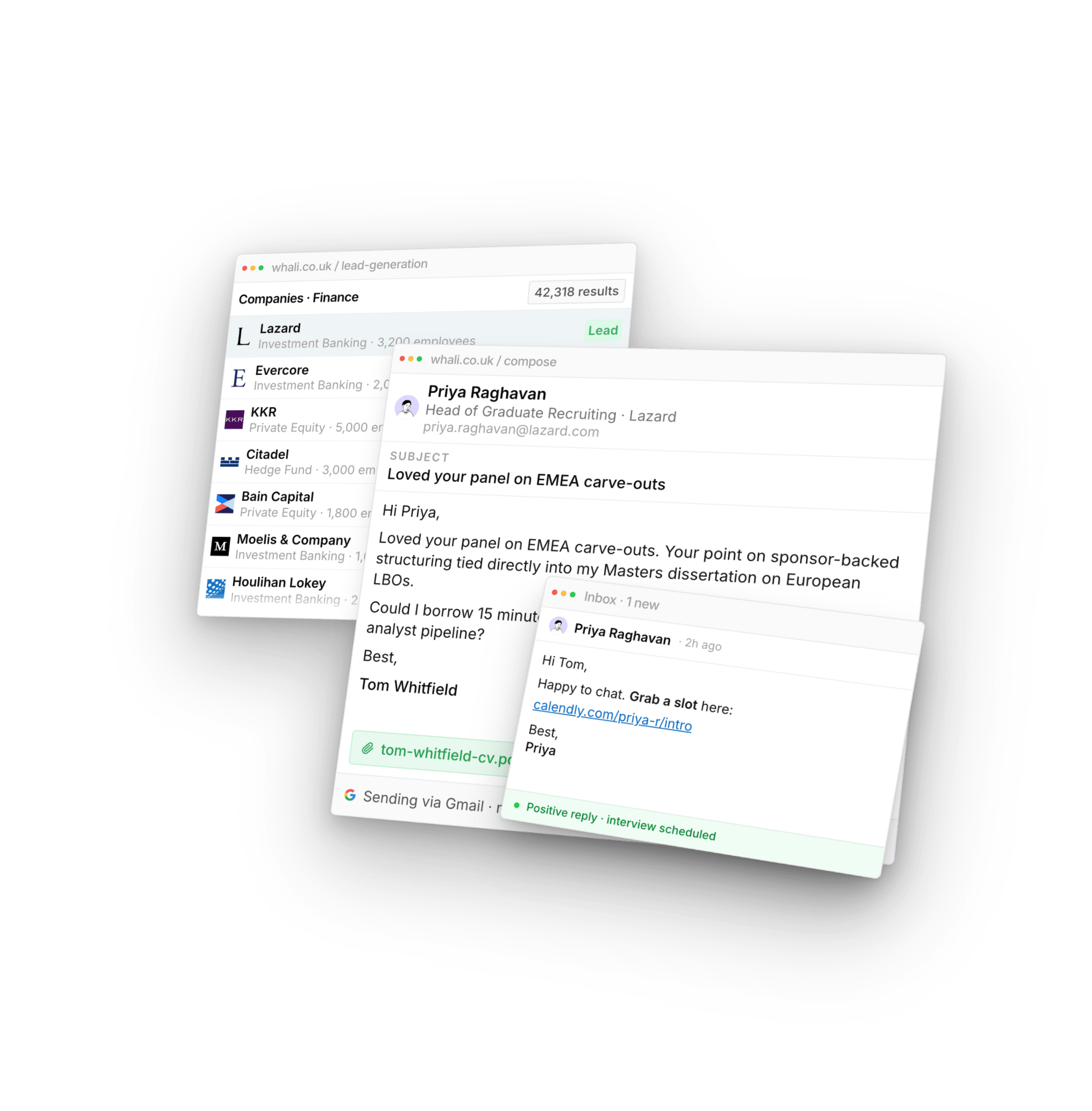 Whali dashboard preview, leads list, personalised email composer, and a positive reply from the recipient
